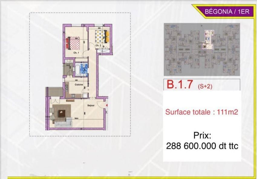 Vente appartement S+2 à Borj louzir 3M804